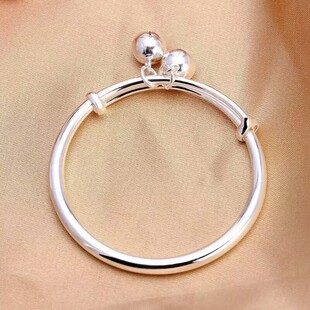 儿童纯银手镯999足银手镯女银饰品宝宝光面圆肚绕丝铃铛手镯子