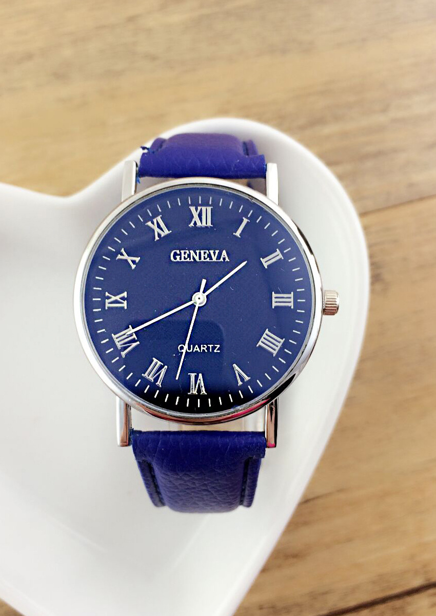 新品 时尚日内瓦镀膜蓝色玻璃皮带手表 geneva男女学生石英表现货