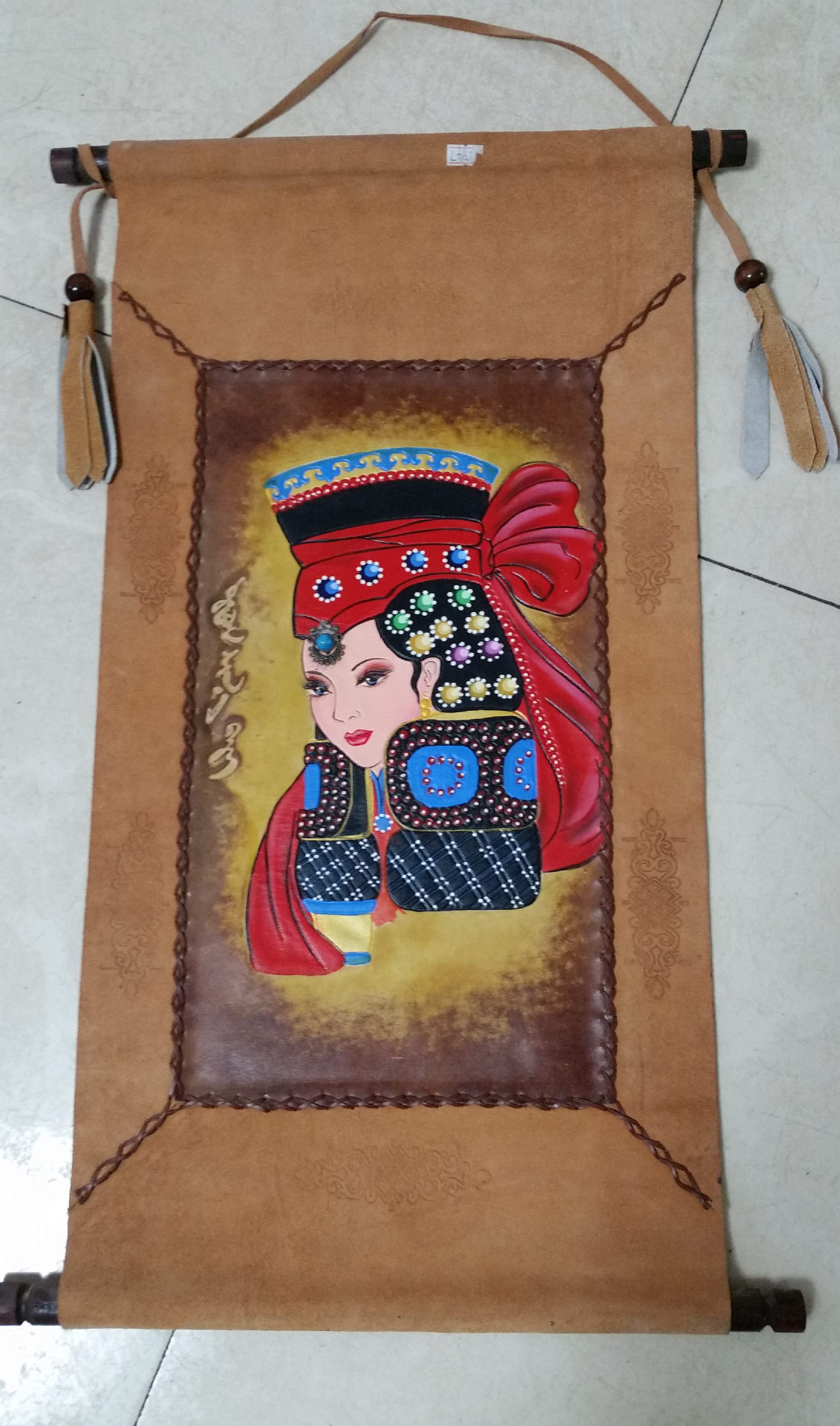 蒙古牛皮画 手工制作纯皮卷轴挂画民族特色旅游纪念高档工艺礼品