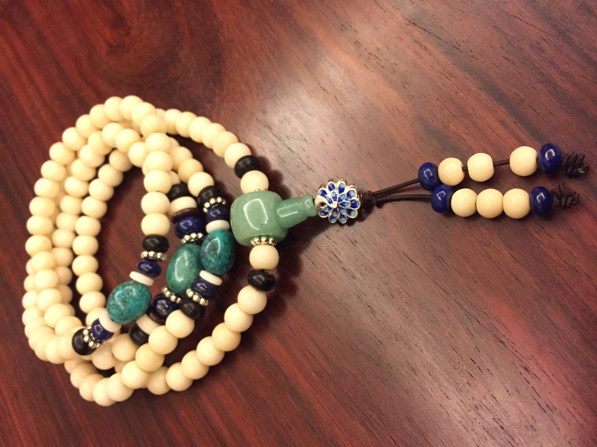 原创象牙果配原矿天然微沁绿松东陵玉三通 吊坠时尚男女款手串