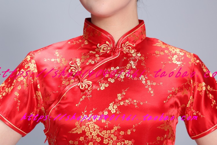 传统古韵唐装连衣裙礼服演出服中式复古短袖梅花长款女装旗袍粉红