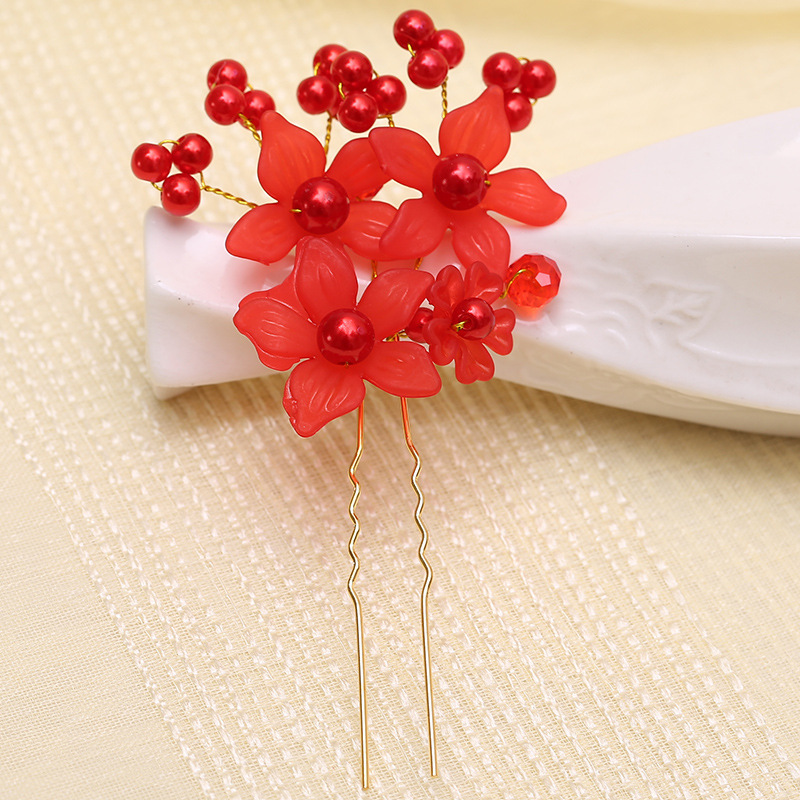 Spring Bridal Headdress U-Shaped Hair Pin Red and White Two-Color Beads Flower Hair Plug Wedding Hair Accessories Wholesale