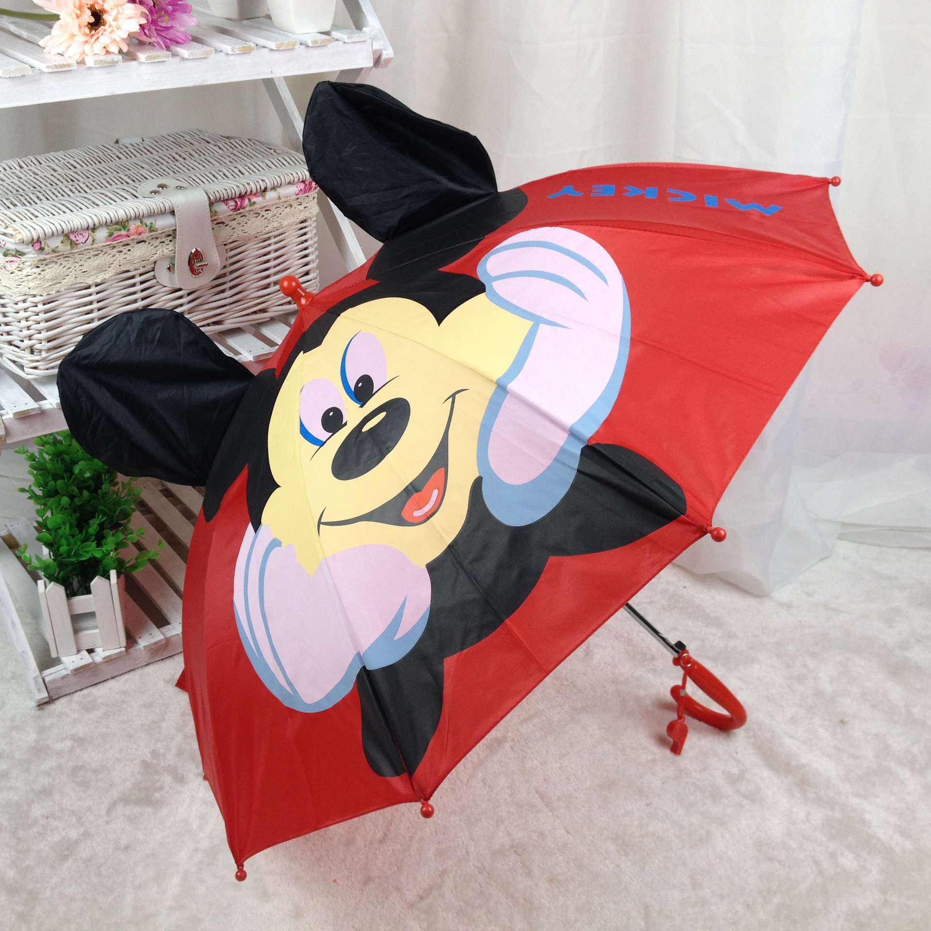 卡通耳朵雨伞男女儿童伞公主长柄伞幼儿园小朋友太阳伞送口哨促