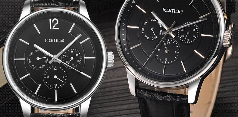 卡玛诗经典三表盘瑞士男表真皮商务休闲皮带男士石英手表批发