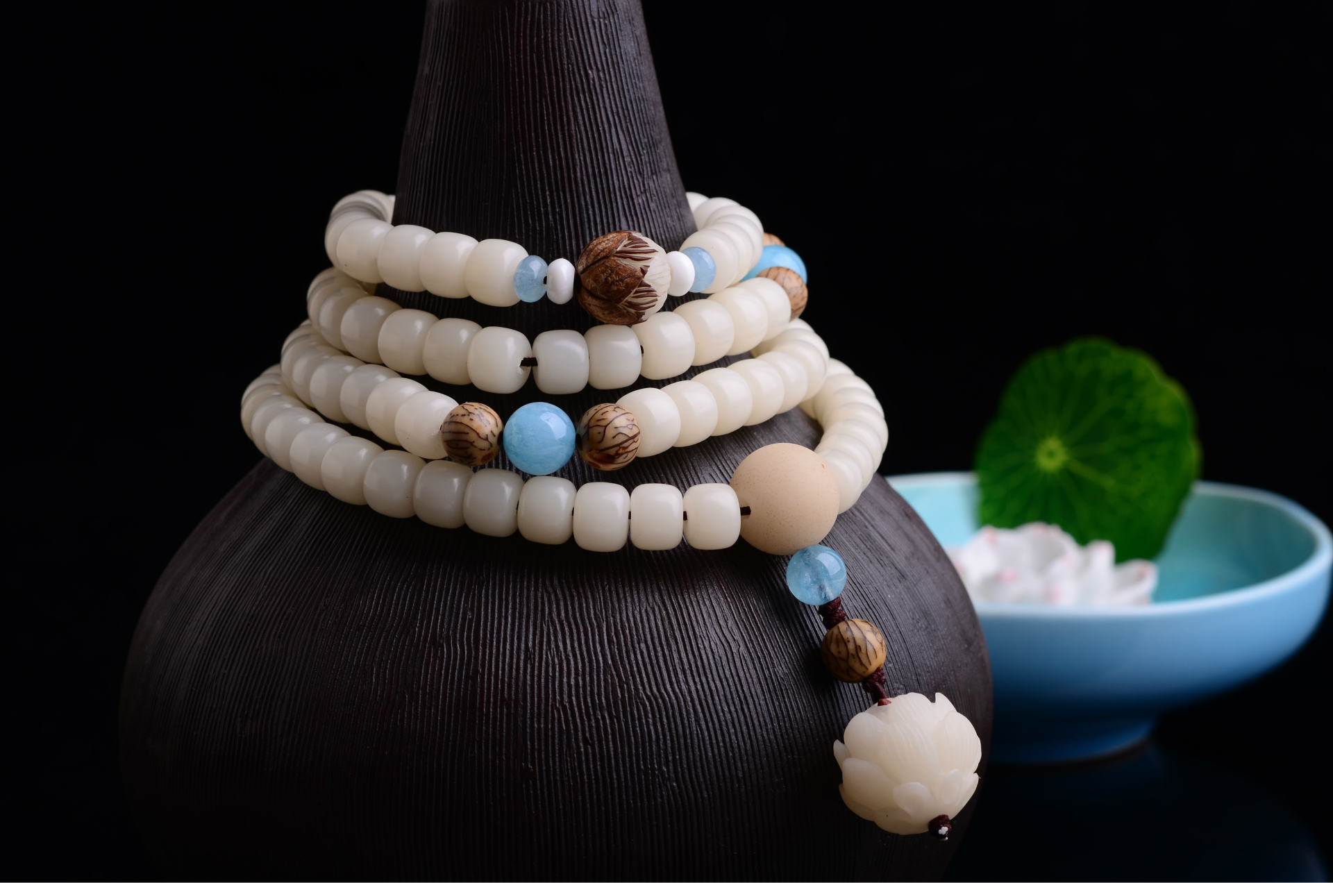 原创 天然白菩提根108佛珠 海蓝宝血丝菩提配莲花饰品 男女款手链