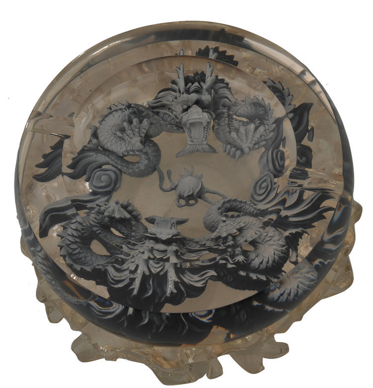 现货销售 合成树脂水晶浮雕龙凤呈祥烟灰缸 大展宏图办公桌面摆件