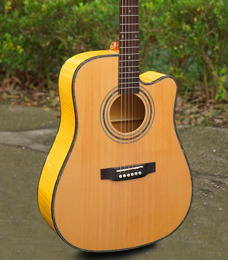 凤灵吉他41寸缺角民谣吉他云杉面板中**考级演奏乐器厂家直.