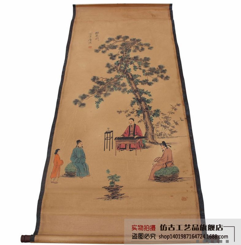 古玩批发复古字画国画中堂画客厅办公室人物挂画唐寅听琴图已装裱
