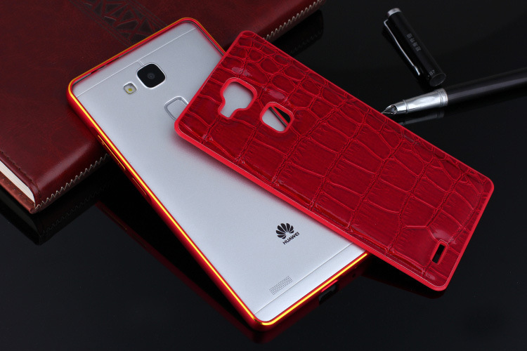 华为mate7鳄鱼皮革纹手机背板加金属边框海马扣金边保护壳后盖
