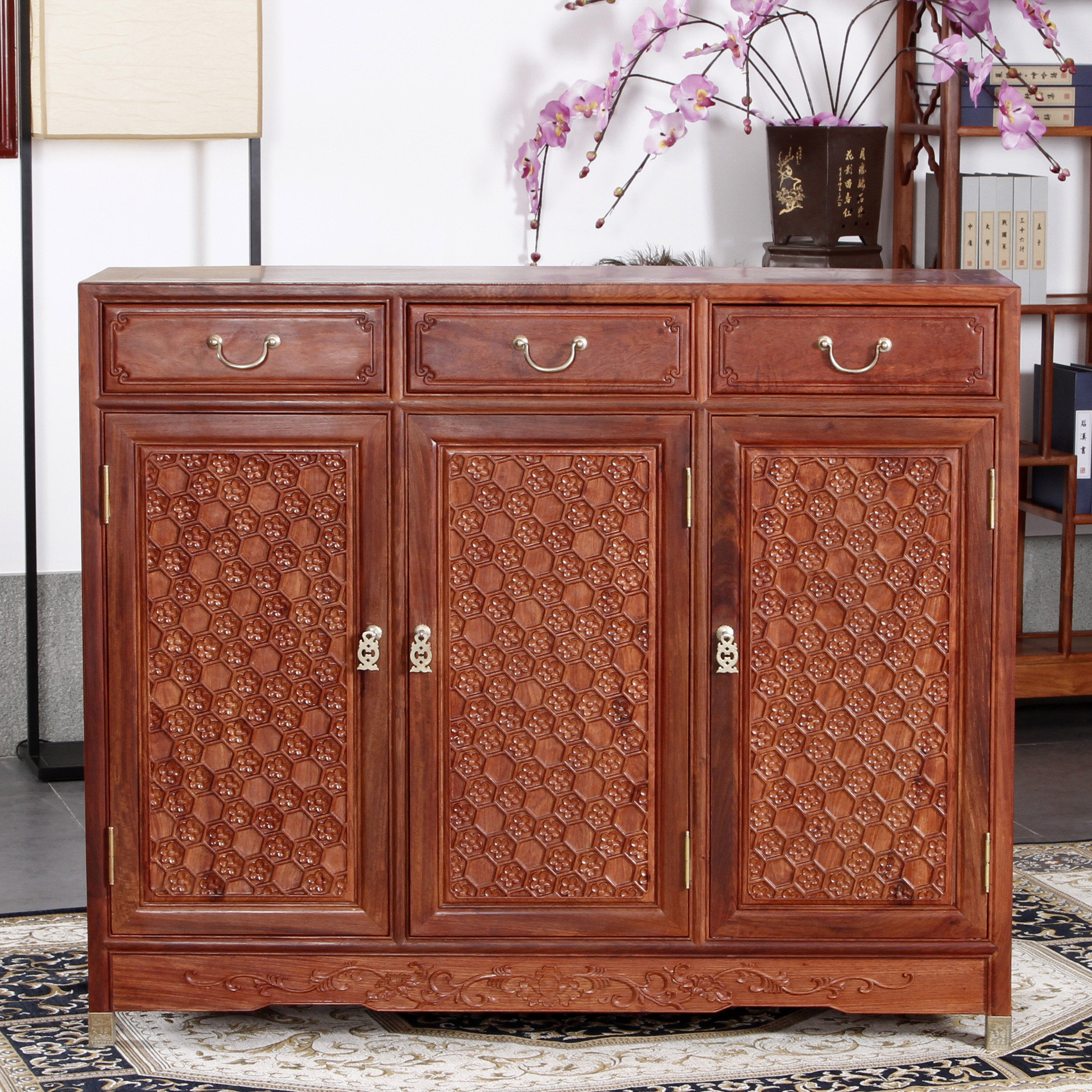 缅甸花梨鞋柜收纳柜 古典雕花客厅柜子中式仿古实木玄关
