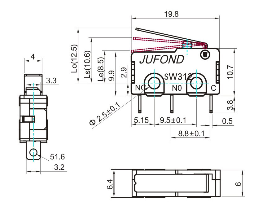 小型微动开关尺寸图