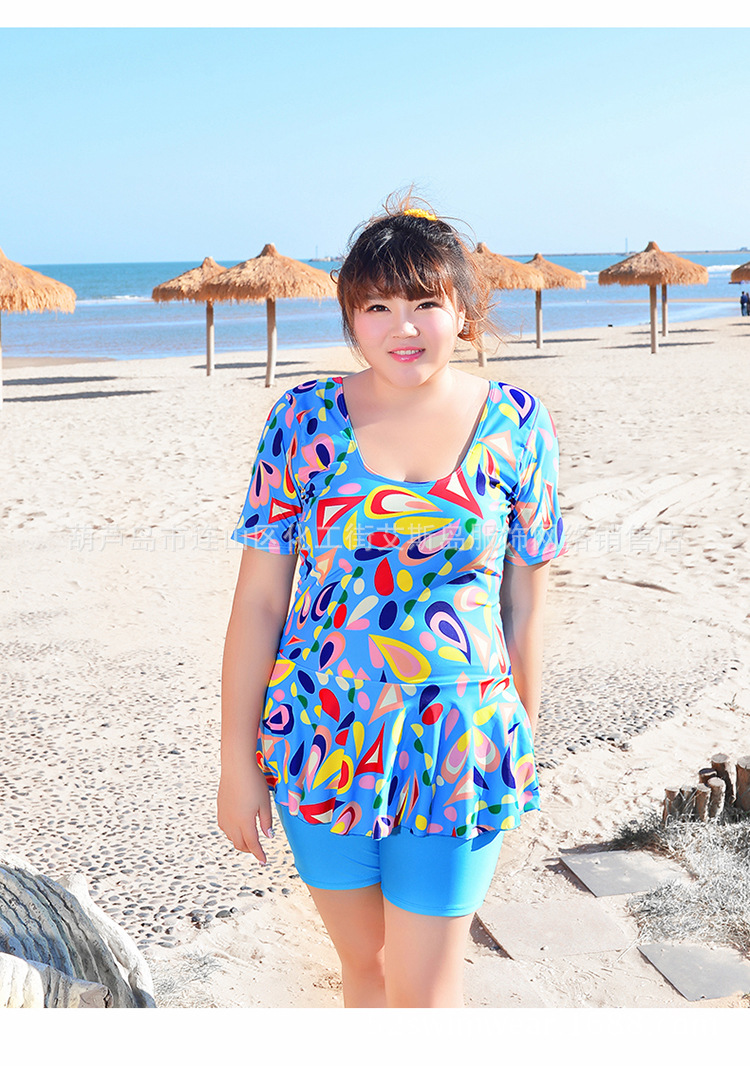 16新款印花带袖加肥加大分体裙式泳衣肥婆胖妞平角裤女士泳衣泳装