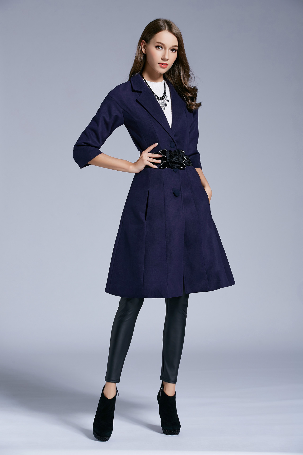 2015韩版高端时尚精品女装羊毛呢大衣中长款收腰风衣裙外套配腰带