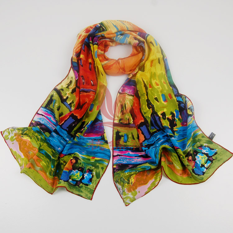 秋冬爆款梵高莫奈油画真丝长丝巾桑蚕丝双绉缎向日葵围巾披肩批发