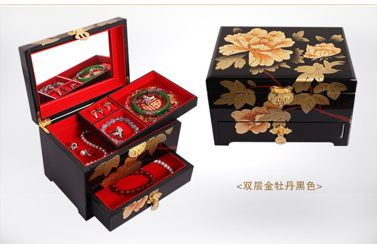 拉薇首饰盒双层扬州漆器中式复古带锁木胎饰品盒结婚礼物