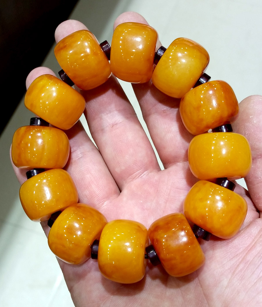 雅泊儿 老蜜蜡手串 加隔珠血珀 男士桶珠琥珀手串