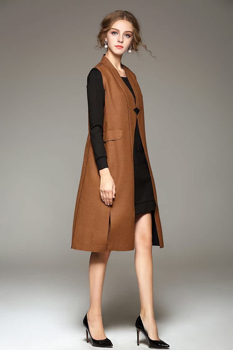 欧洲站秋季新品女装 鹿皮绒纯色无袖女士修身长款风衣马甲907191