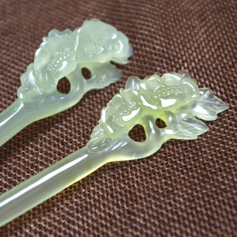 精品玉石发簪子 岫玉海棠花朵 手工雕刻 古典复古发钗 厂家批发