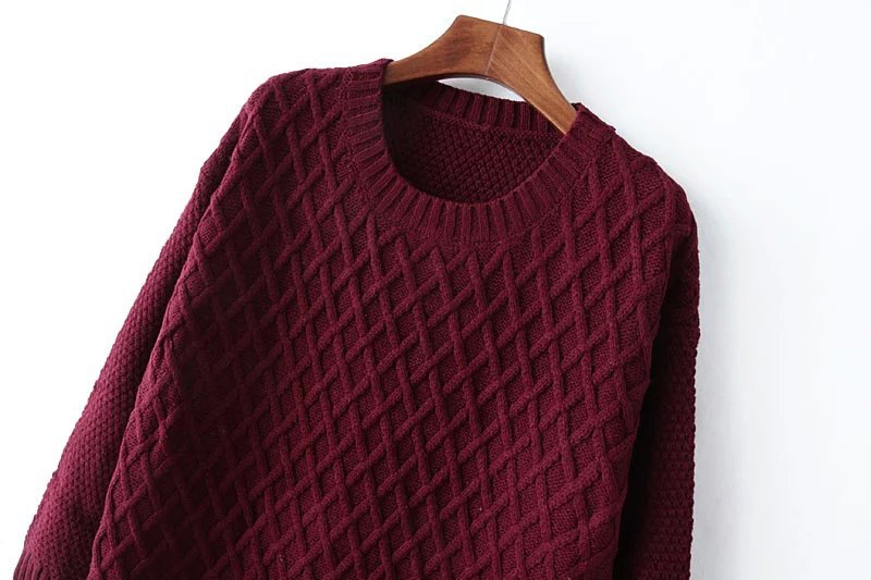 8250新款冬装韩版宽松菱形格子圆领麻花双口袋毛衣打底衫女