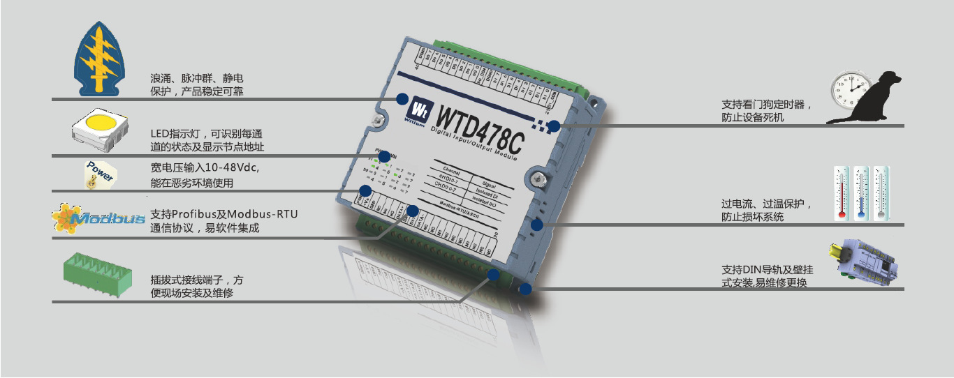 wtd450c 远程i/o模块 modbus-rtu总线 16路隔离数字量/pwm输出