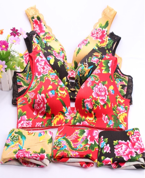 东北大花内衣龙凤呈祥印花无痕无钢圈文胸聚拢后四排文胸套装红绿