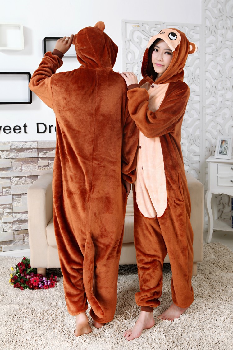 一件代发外贸版棕色猴子卡通连体动物睡衣法兰绒情侣装家居服厂家