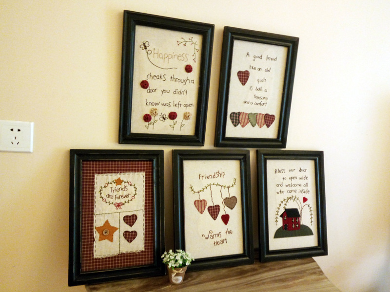 美式乡村手工刺绣麻布画实木英文画框组合相框黑色复古墙饰现货