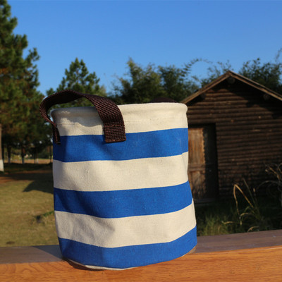 日单条纹棉麻带提手桌面整理筐 橱柜零食小物品布艺收纳筐收纳桶