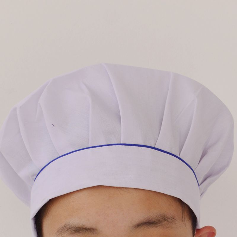 白色蓝边布厨师帽 一次性厨师帽 酒店大师傅厨师帽