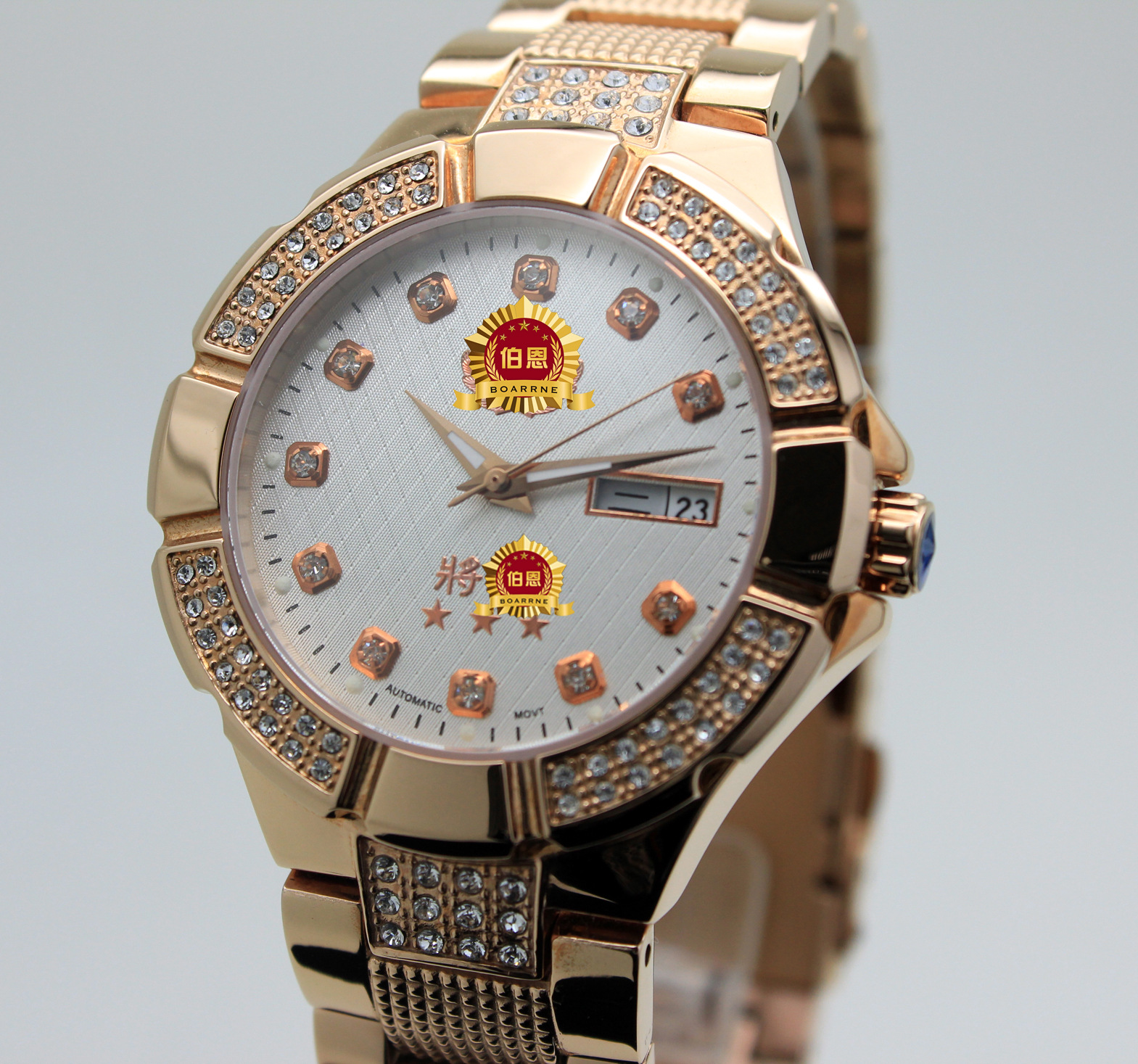伯恩将军表 全钢自动机械双历玫瑰金蓝宝石镶钻防水手表厂家直销