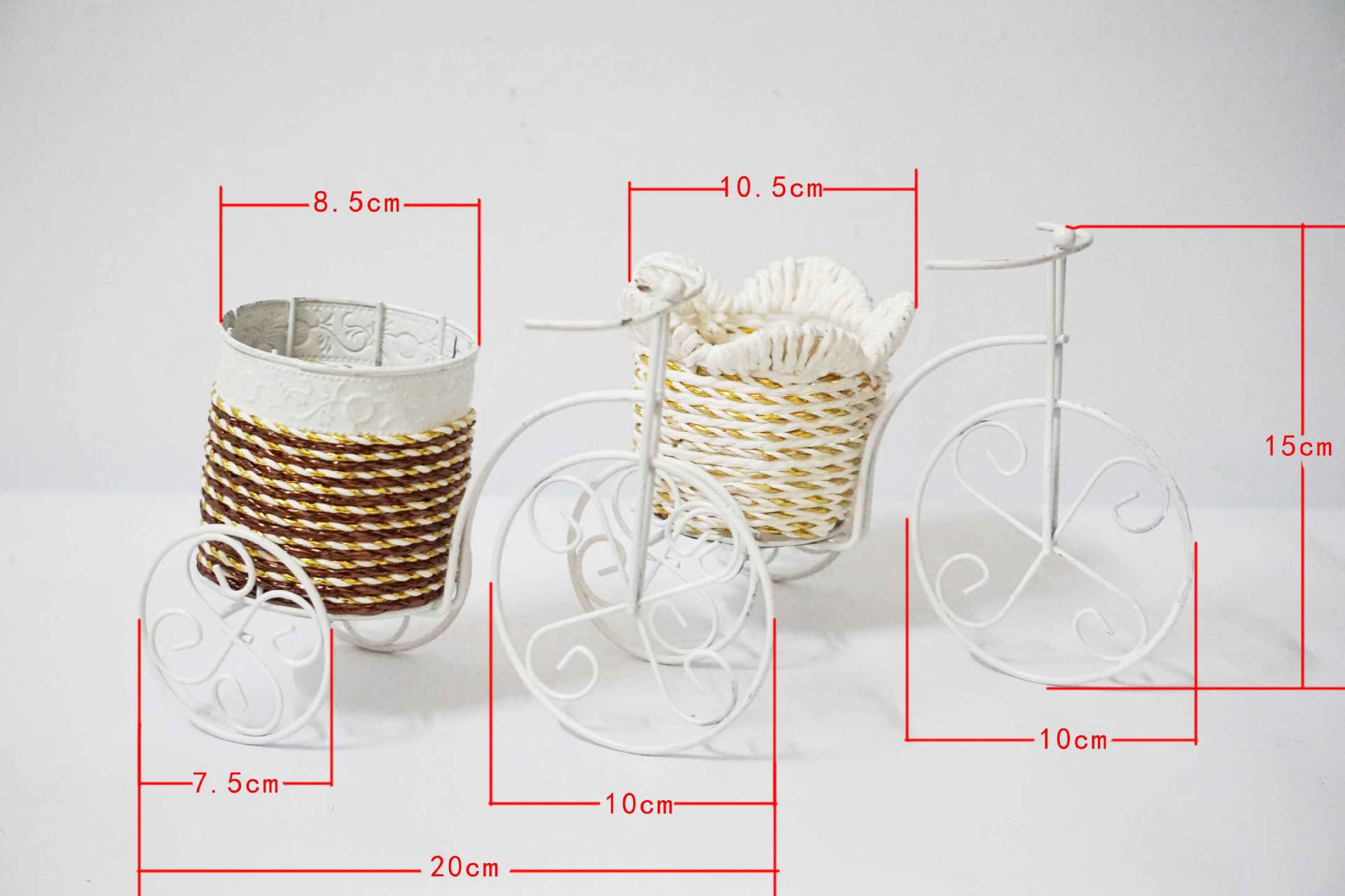 华青欧式花瓶 铁艺花篮三轮车桌面摆件工艺品 手工编织假花插.