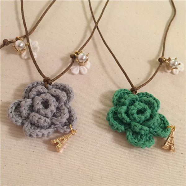 韩版手工钩花毛线花朵女童项链铁塔毛衣链