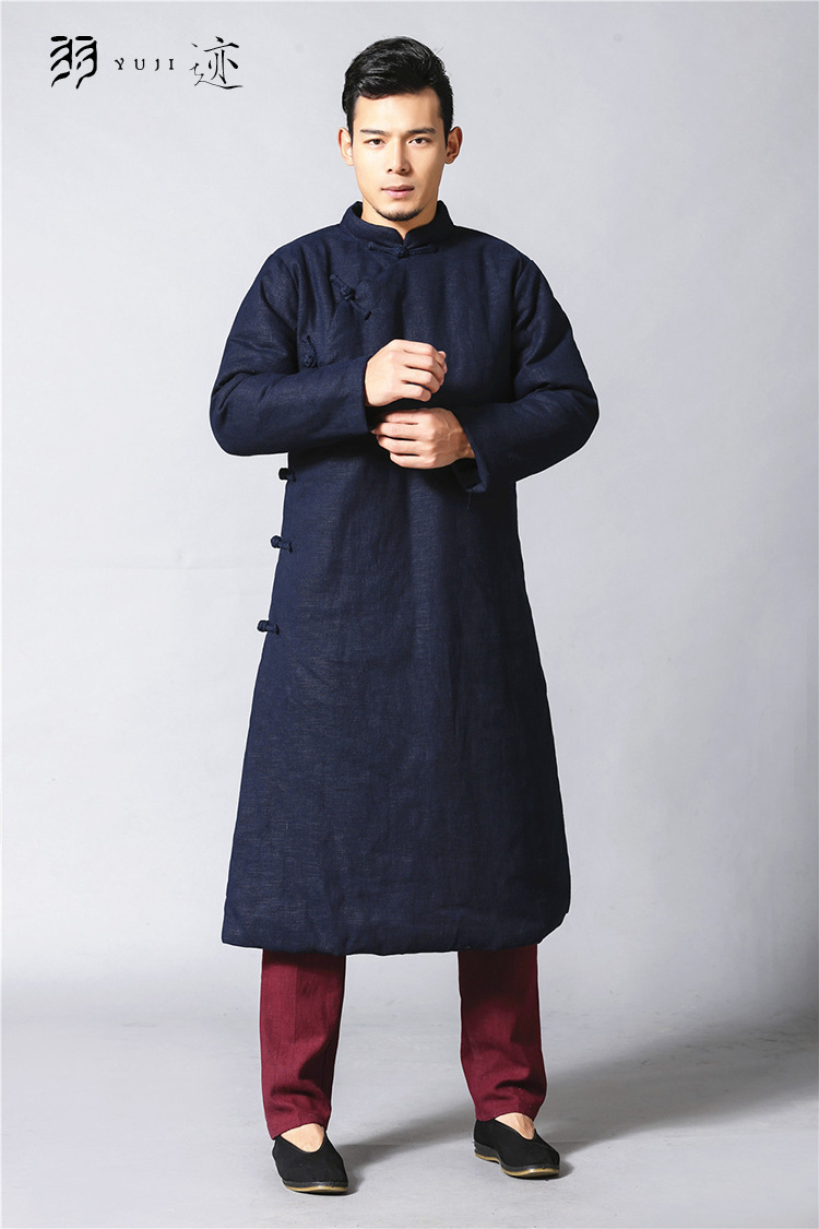 2017秋冬男装 中式盘扣斜襟加长男棉袄民国风立领亚麻唐装男棉衣