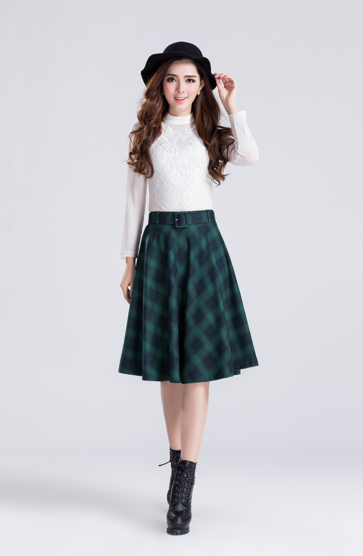 2015秋季新款长版复古格纹大摆伞裙长裙半身裙