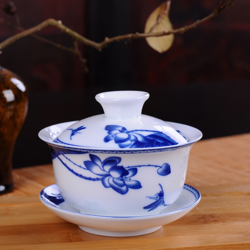 Gao Bai Blue and White Porcelain Cover Teacup Creative Household Tea Brewing Bowl 3.8-Inch Kung Fu Tea Set Gaiwan Wholesale