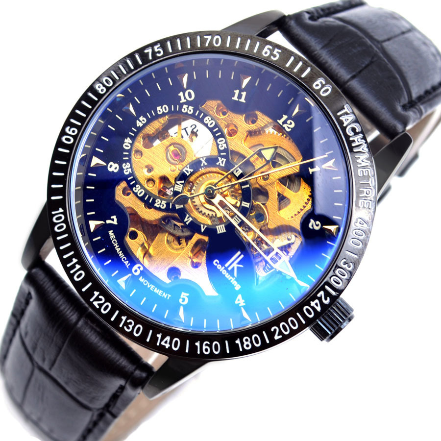 阿帕琦ikcolouring双面镂空全自动机械表透底皮带手表男表98226g