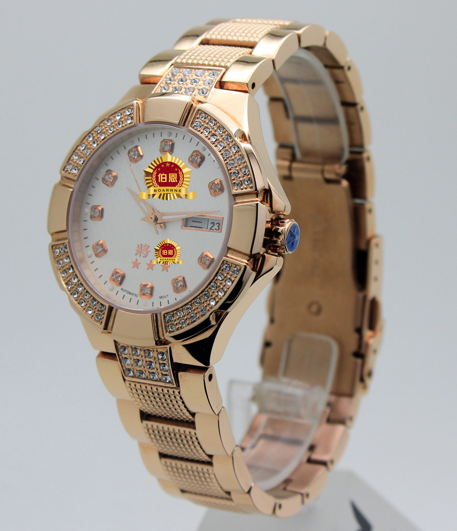 伯恩将军表 全钢自动机械双历玫瑰金蓝宝石镶钻防水手表厂家直销