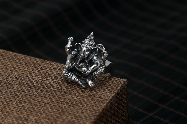 工厂批发s925纯银饰品 复古泰银款式印度象鼻神象神男士款戒 指环