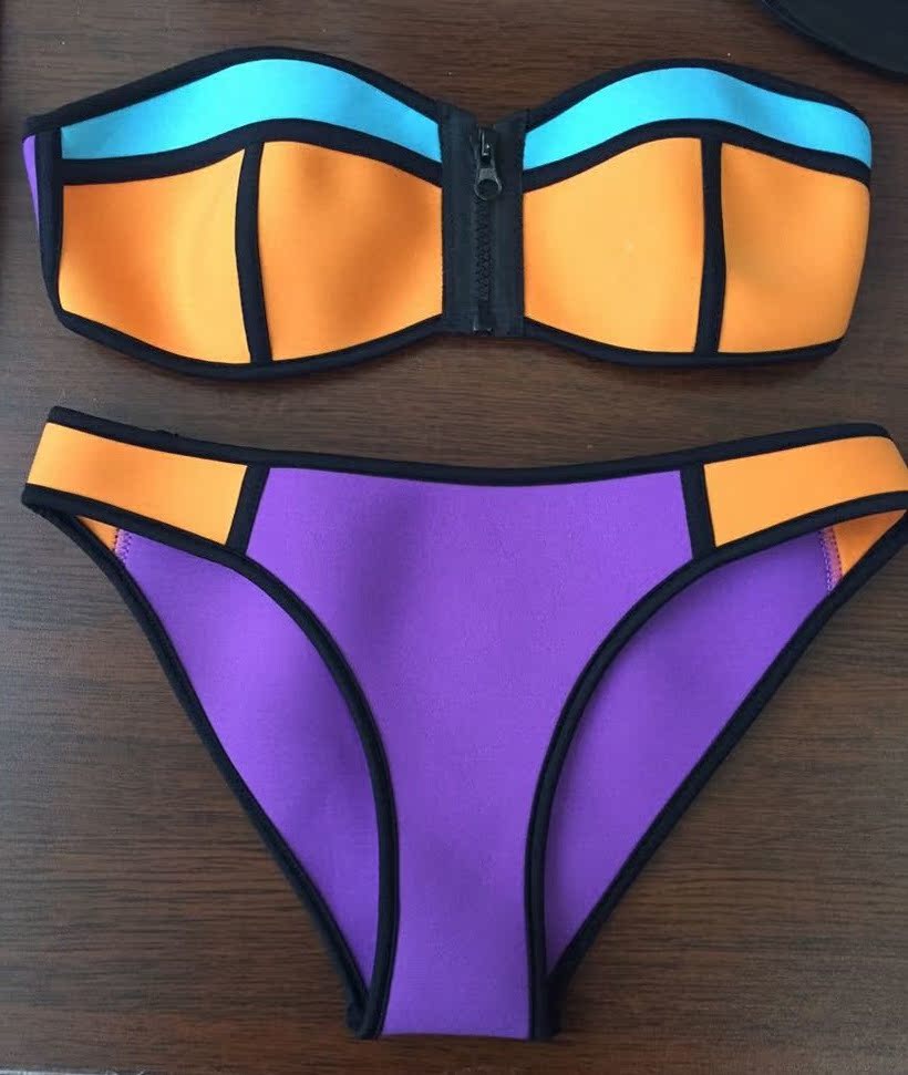 游泳衣 氯丁橡胶拼色抹胸比基尼-连体泳衣