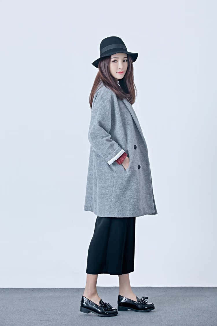 帛然2015冬装新款毛呢大衣时尚纯色翻领女士毛呢外套_服饰鞋包/女装