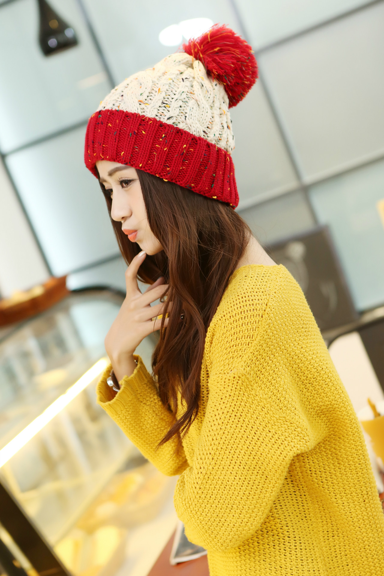 爆款秋冬加绒保暖针织帽子女士两色拼接毛线帽