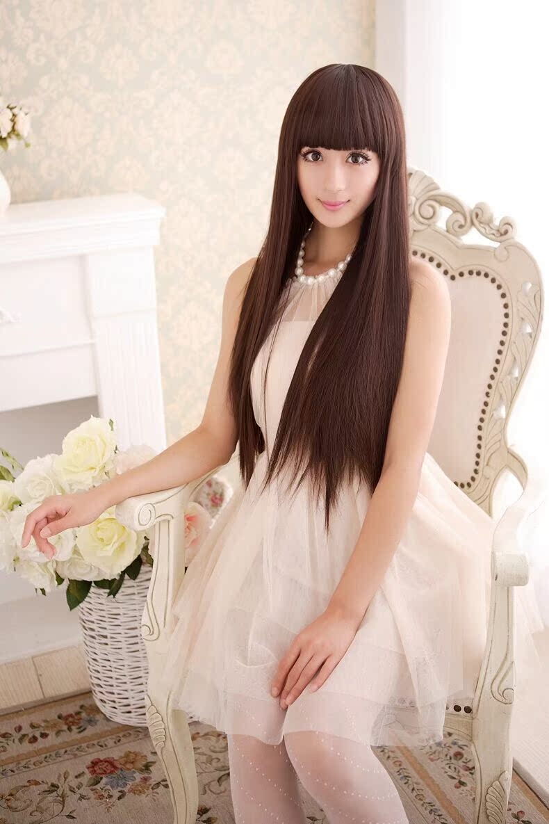 现货时尚假发批发女 长直发蓬松发型 女士长发 齐刘海时尚假头套