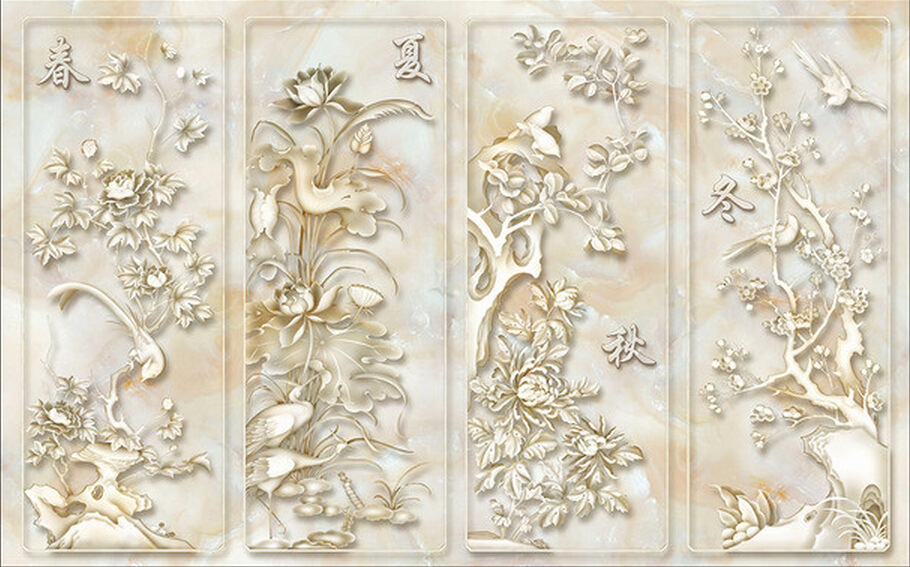 瓷砖背景墙 古典仿玉雕梅兰竹菊壁画雕刻3d瓷砖电视沙发背景