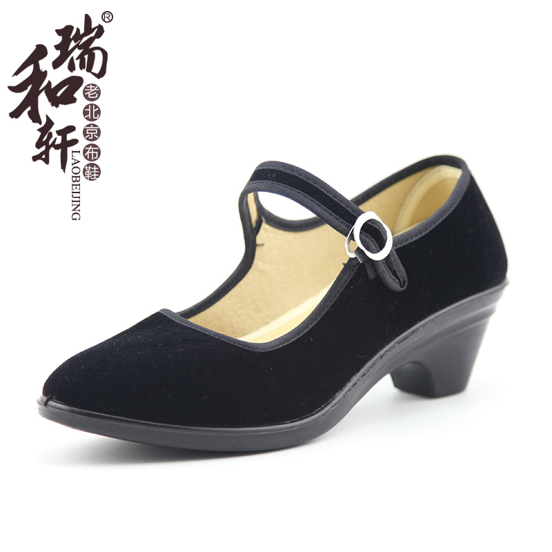 瑞和轩2017老北京布鞋高跟黑一带鞋聚氨酯单鞋时尚工作鞋厂家直销