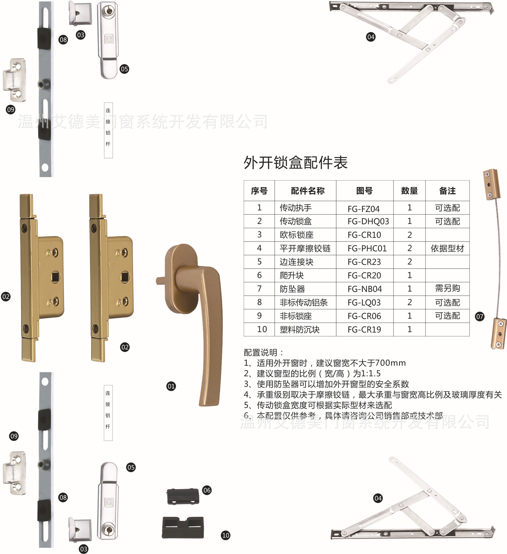 艾德美公司菲格牌铝合金执手外开内开多点锁多点下悬窗