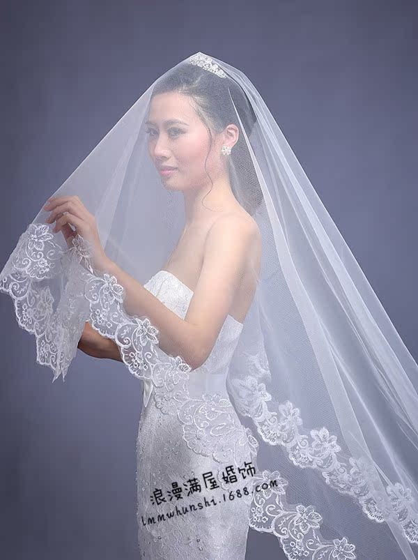 新款新娘结婚婚纱头纱 简约拖尾长款蕾丝花边影楼户外写真头纱