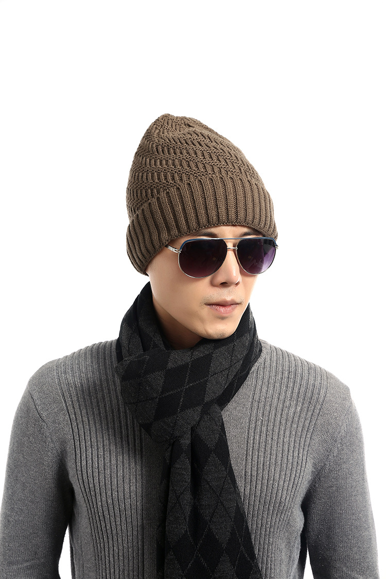 男士新款冬季加绒保暖针织帽 男帽 欧美风纯色缎纹毛线帽子