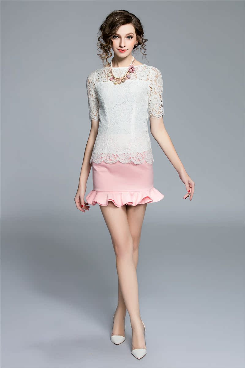 2016夏季新款欧美蕾丝衫 微一字领短袖t恤女 镂空蕾丝花边上衣 - 服装