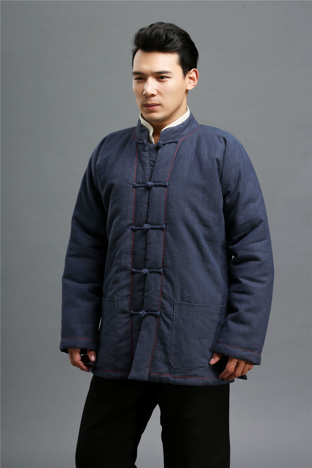 阿萨佑17秋冬新款纯色男装上衣外套 棉麻复古对襟绣线棉衣舒适棉