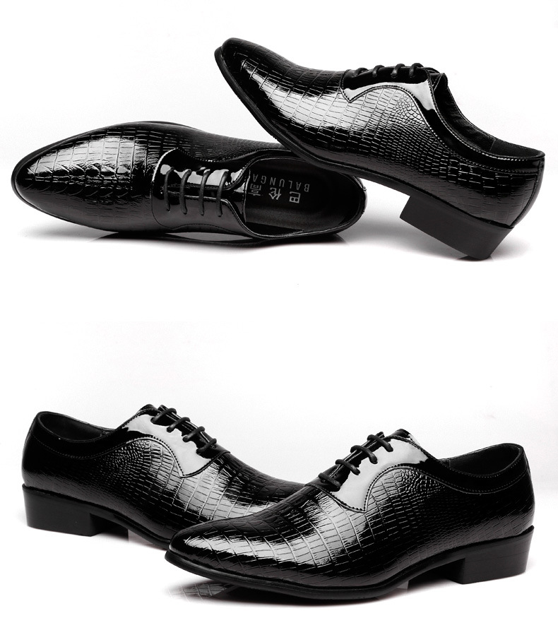 尖头复古英伦男士鳄鱼纹商务正装皮鞋韩版漆皮男系带皮鞋男鞋子